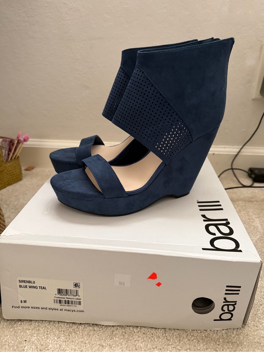 Macy's Bar III Navy Suede Wedge Sandals